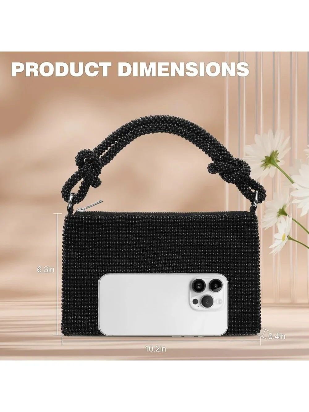 Women’s Black Beads Rhinestone Mesh Clutch Evening Handbag Wedding Party Purse